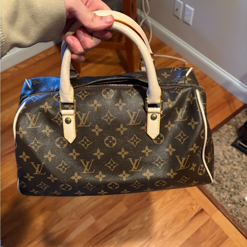 Louis Vuitton Brown Monogram Canvas Satchel with Cream Trim